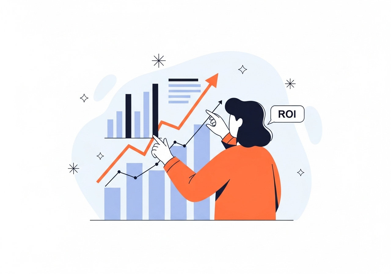 Einstaklingur með vaxtarrit sem tákna hærri arðsemi SMS markaðssetningar